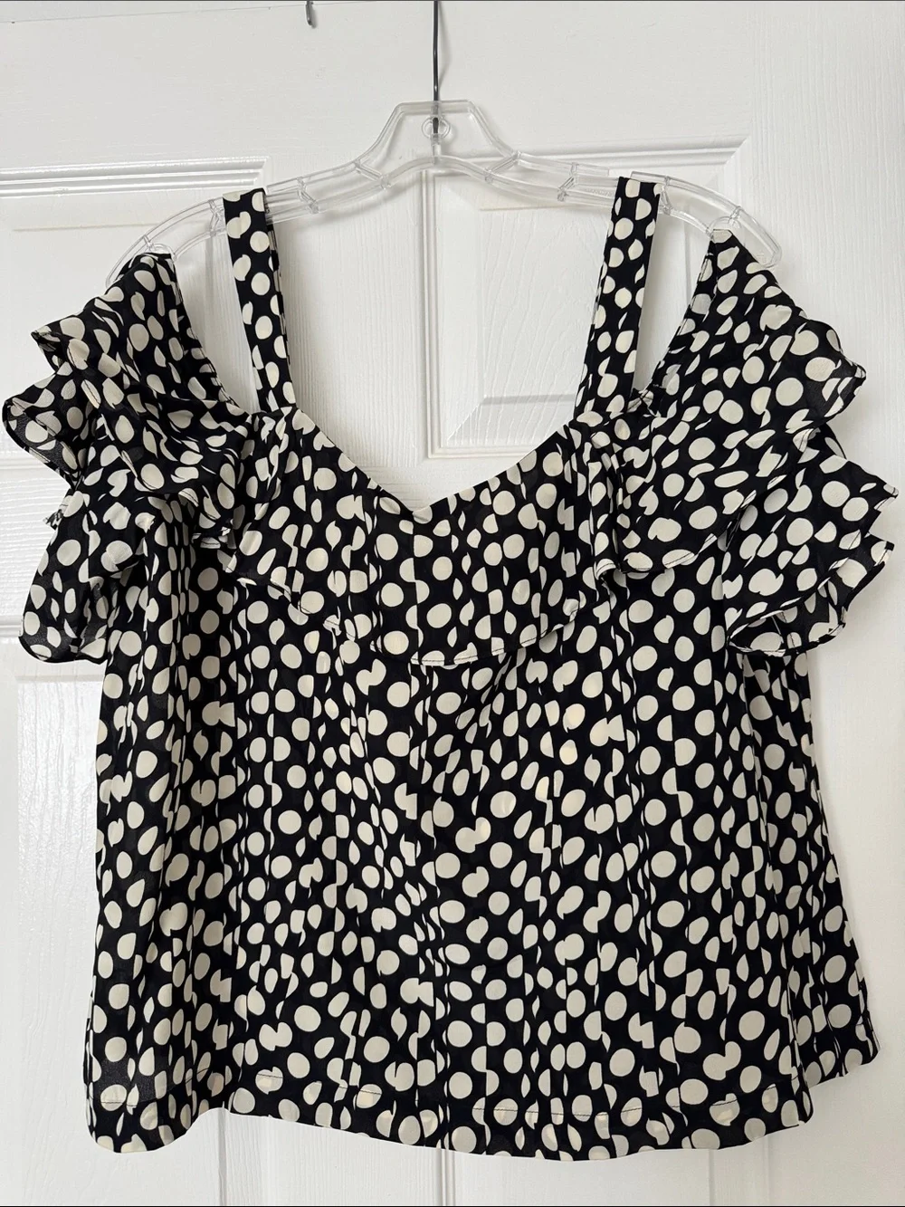 J. Crew Black and White Silk Polka Dot Ruffle Cold-Shoulder Blouse